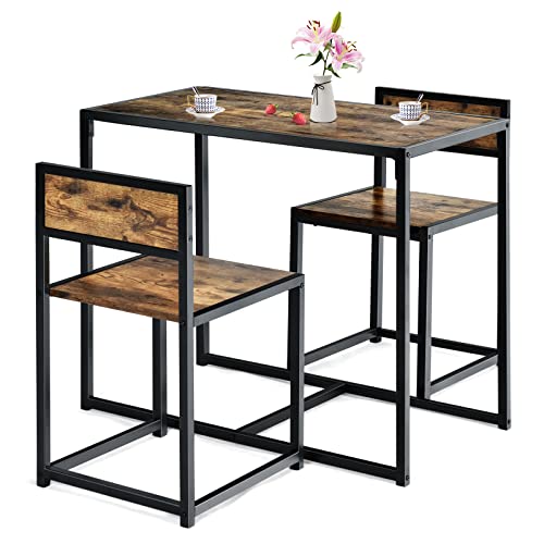 COSTWAY 3-Piece Kitchen Table Set, Table Set with 2 Chairs, Metal Frame, Dining Table Set Space-Saving for Kitchen, Living Room, Cafe and Bar, Antique