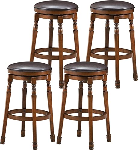 COSTWAY Retro Bar Stools Set of 4, 29-Inch Counter Height Round Bar Stool with 360¡ Swivel Cushioned Seat & Sturdy Natural Rubber Wood, Soft PU Leather Barstool for Home Pub Cafe, Easy Assembly