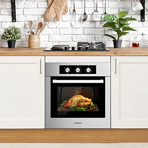 COSTWAY 24" Electric Single Wall Oven, 2300W Built-in Wall Oven with 2.47 Cu. Ft. Capacity, 5 Cooking Modes & 360¡ Hot Air Circulation, Timer and Mechanical Knobs in Stainless Steel