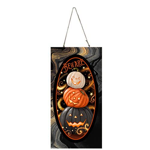 Twisted R Design Halloween Wood Sign Home Decor Art Accessories Signs Wall Hanging Living Room Kitchen Wall Decor Funny SIgn (10 x5 inches, Beware Pumpkin Stack)