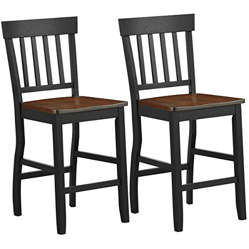 COSTWAY Set of 2 Classic Bar Stool, 24 inch Seat Counter Height Solid Rubber Wood, Black Base and Walnut Seat, Sturdy Construction Side Chairs with Smooth Surface, Comfort for Living Room, Bedroom