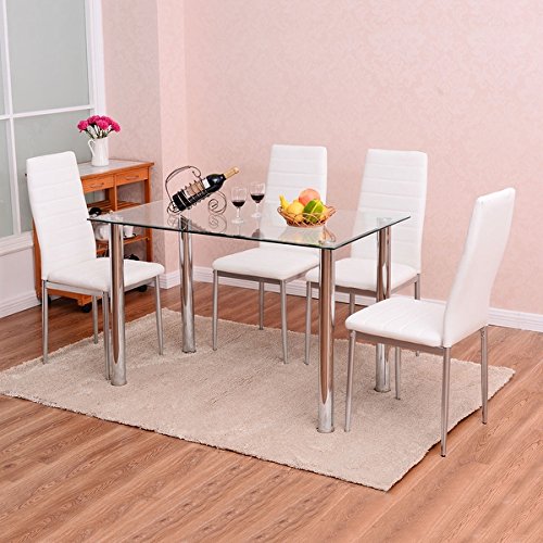 Costway 5 Piece Dining Set Table and 4 Chairs Glass Metal Kitchen Breakfast Furniture