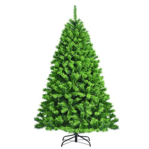 COSTWAY 6.5 ft Green Flocked Hinged Artificial Christmas Tree w/Metal Stand