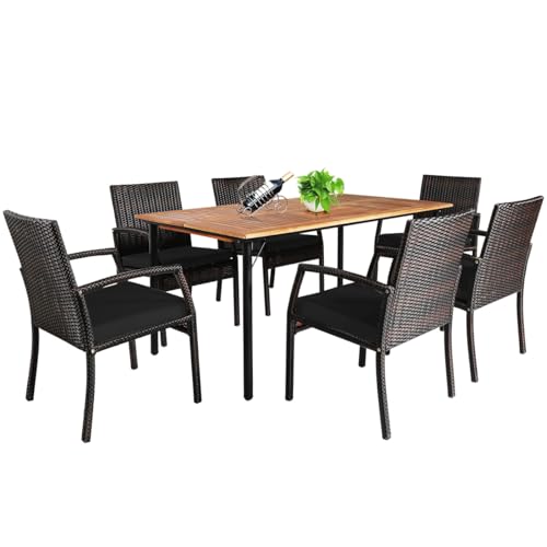 COSTWAY 7PCS Patio Rattan Dining Chair Table Set W/Cushion Umbrella Hole Black