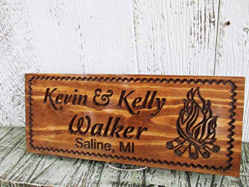 Last Name Sign with Camp Fire, Family Camper Campsite Sign, Custom Carved Wooden Signs, C101