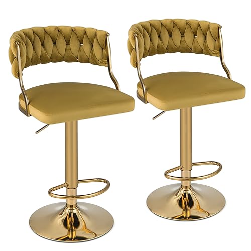 COSTWAY Velvet Adjustable Bar Stools Set of 2, Max Load 400 Lbs, Modern Upholstered Swivel Barstools with Woven Back, Footrests, Adjustable Height Bar Chairs for Kitchen Island Cafe Pub, Yellow+Gold