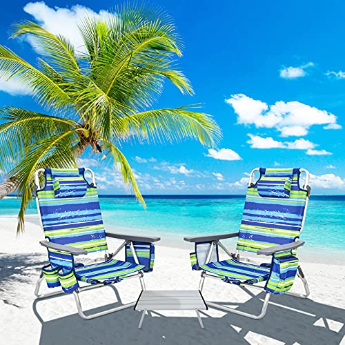 COSTWAY 2-Pack Folding Backpack Beach Chair Table Set 5-Position Outdoor Reclining Chair, Blue & Green