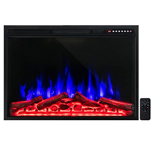 COSTWAY 37-Inch Electric Fireplace, Wall-Mounted and Recessed Fireplace Heater with 4 Flame and Log Colors, 5-Level Flame Speed and Brightness, Remote Control, 8H Timer, Overheat Protection, 1500W