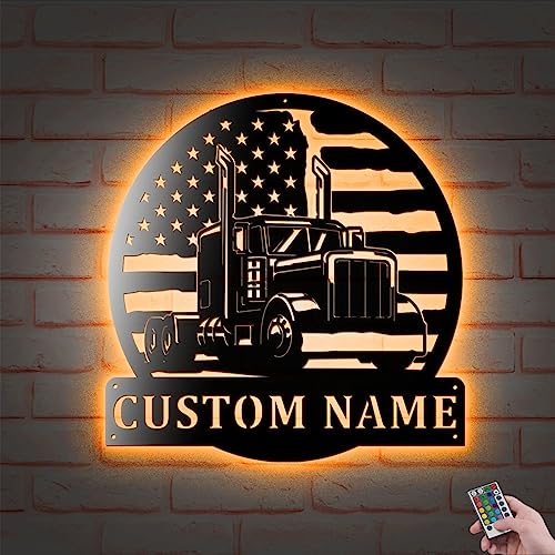 Custom US Semi Truck Metal Wall Art With Led Lights, Personalized Driver Truck Name Metal Home Decor, Truck Metal Sign