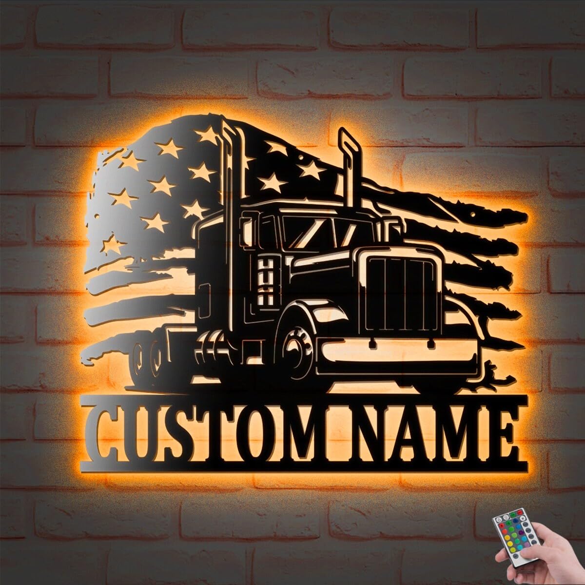 Custom US Semi Truck Flag Metal Wall Decor With Led Lights, Personalized Truck Metal Sign, Truck Metal Wall Art