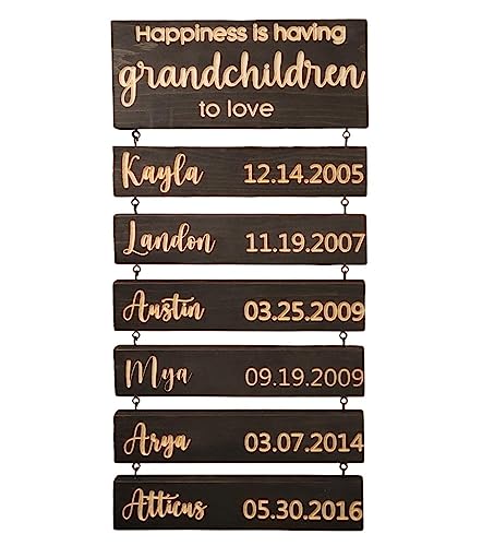 ROSLILY Custom Family Name Sign Wall Decor Personalized Name Birthdate Hanging Wood Sign with 1-10 Name Reminder Plaque for Parents Grandma Grandpa Family Gifts