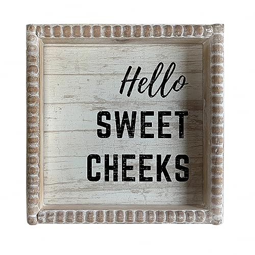 Boho White Black Funny Bathroom Signs 6.3", Wooden Frame Humor Sayings Toilet Shelves Decor, Cute Girls Boys Guest Half Bathroom Housewarming Gifts (Hello Sweet Cheeks)