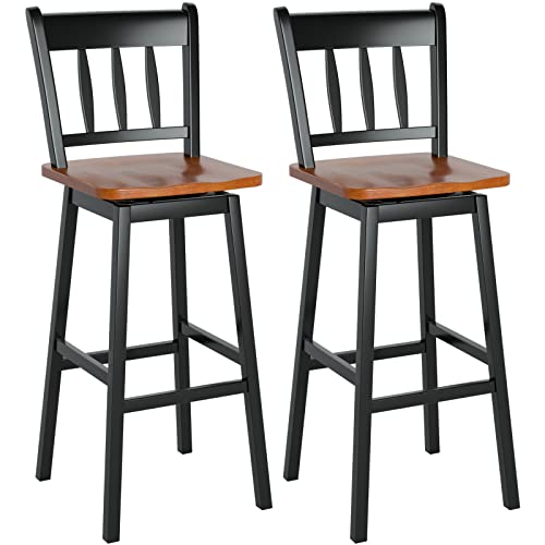 COSTWAY Bar Stools Set of 2, 30.5 Inch Solid Rubber Wood Bar Chairs with 360 ¡Swiveling, Footrest, Swivel Pub Height Barstools with Back Ideal for Kitchen Island, Counter, Pub(Set of 2, Black)