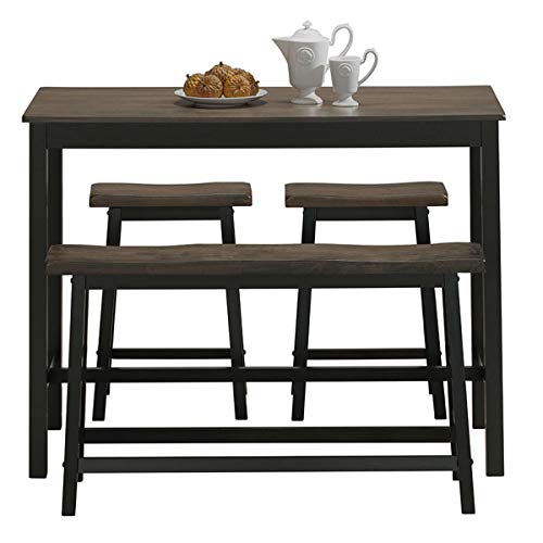 COSTWAY 4-Piece Solid Wood Dining Table Set, Counter Height Dining Furniture with One Bench and Two Saddle Stools, Industrial Style, Ideal for Home, Kitchen, Living Room (Gray & Brown)