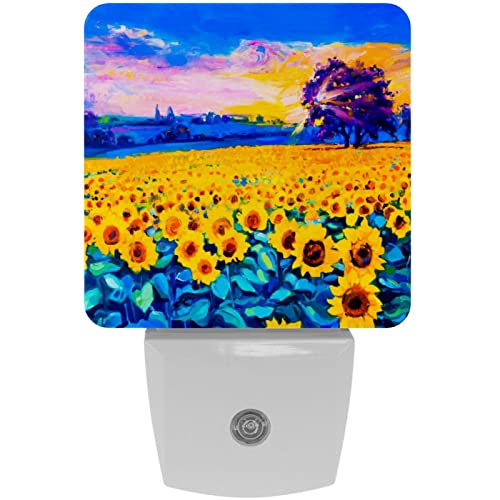 2 Pack Plug-in Nightlight LED Night Light Sunflowers Field Modern Impressionism Painting, Dusk-to-Dawn Sensor for Kid's Room Bathroom, Nursery, Kitchen, Hallway