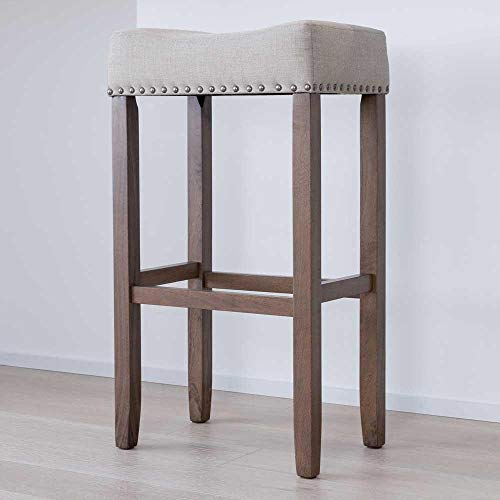 Nathan James Hylie Nailhead Wood Pub-Height Kitchen Counter Bar Stool 29", Dark Beige/Light Brown