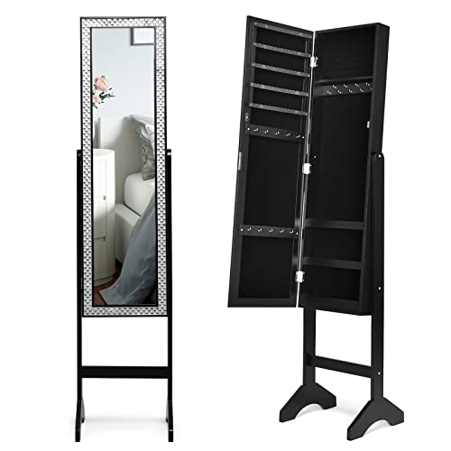 COSTWAY Mirror Jewelry Cabinet Armoire, Standing Jewelry Organizer Cabinet with Resin Diamonds Design & Full-length Mirror, Large Storage Capacity Jewelry Cabinet for Bedroom, Dressing Room (Black)