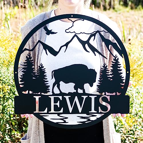 Custom Outdoor Bison Circle Monogram Sign | Lone Bison Decor | Bison Camp Sign | Buffalo Decor | Bison Name Metal Sign | Gift for Him