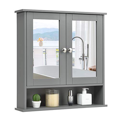 COSTWAY Bathroom Cabinet Wall Mounted - Over The Toilet Wall Storage Cabinet with 2 Mirror Doors and Adjustable Shelf, Hanging Medicine Cabinet for Bathroom, Living Room, Kitchen (Gray)