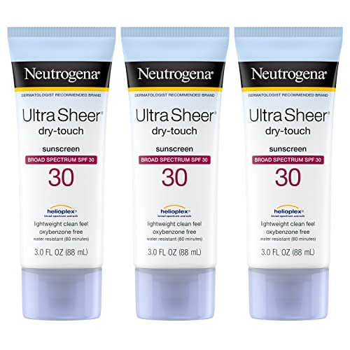 Neutrogena Ultra Sheer Dry-Touch Sunscreen Lotion, Broad Spectrum SPF 30 UVA/UVB Protection, Oxybenzone-Free, Water Resistant, Non-Comedogenic, Non-Greasy, Travel Size, 3 fl. oz, Pack of 3