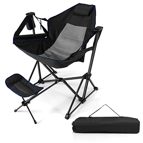 COSTWAY Folding Camping Chair, Portable Beach Chair with Retractable Footrest, Adjustable Back, Cup Holder & Carry Bag, Outdoor Lawn Patio Chair for Camping, Fishing, Hiking, Black