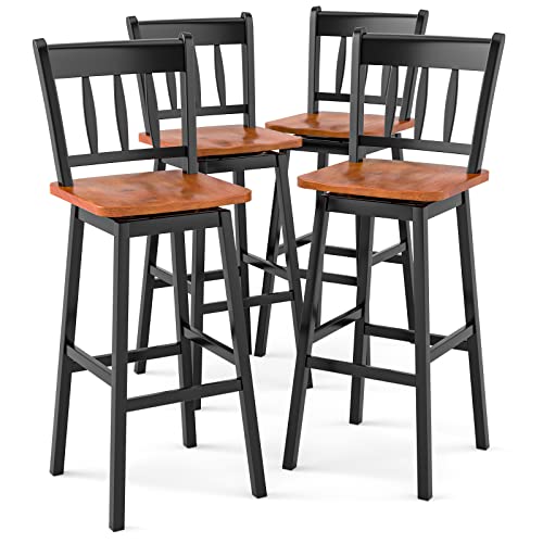 COSTWAY Bar Stools Set of 4, 30.5 Inch Rubber Wood Bar Chairs with 360¡Swiveling, Footrest, Swivel Pub Height Barstools Ideal for Kitchen Island, Counter, Pub or Bar (4, Black)