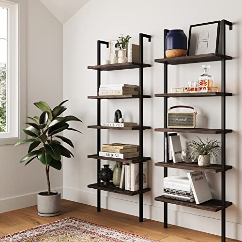 Nathan James 65501 Theo 5-Shelf Wood Modern Bookcase, Open Wall Mount Ladder Bookshelf with Industrial Metal Frame, Dark Walnut Brown/Black, Set of 2