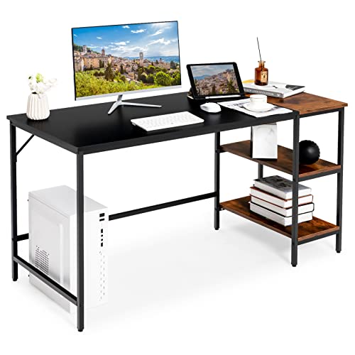 COSTWAY 55Ó Computer Desk, PC Laptop Desk with Storage Shelves, Large Computer Desk with Splice Board, Adjustable Foot Pads, Industrial Home Office Desk for Writing, Study, Game (Black)