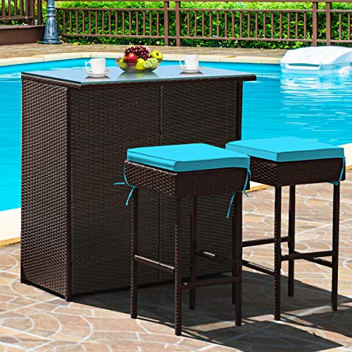 COSTWAY 3PCS Patio Rattan Wicker Bar Table Stools Dining Set Cushioned Chairs Turquoise