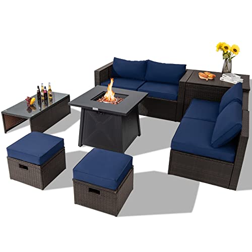 COSTWAY 9PCS Patio Rattan Furniture Set Space Saving 30" Fire Pit Table Navy Cover