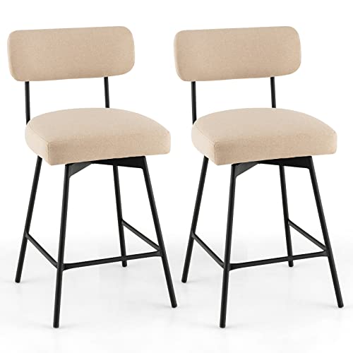 COSTWAY Bar Stools Set of 2, 25Ó Upholstered Counter Height Bar Stools with Back, 360¡ Swivel Dining Chairs with Heavy-Duty Metal Legs and Footrests, for Kitchen Island, Dining Room, Bar (2, Beige)