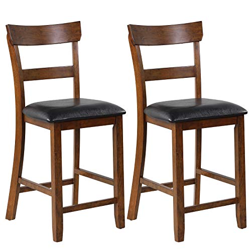 COSTWAY Bar Stools Set of 2, 25.5-Inch Counter Height Chair with Backrest, Foam-Padded Cushion, Rubber Wood Legs, Wooden Vintage Dining Chair for Bistro, Living Room, Kitchen, Brown and Black