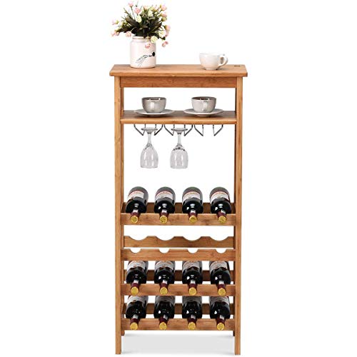 COSTWAY 16-Bottle Wine Rack, Free Standing Wine Storage Shelves, Wine Display Bamboo Rack with Glass Holder, Wobble-Free Bottle Holder for Kitchen Bar Dining Room Living Room