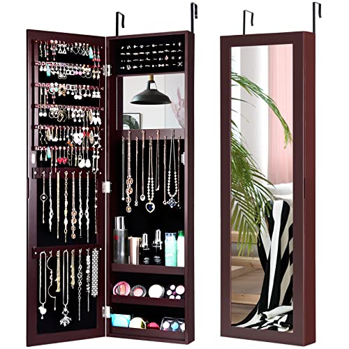 COSTWAY Full Length Mirror Jewelry Cabinet, Wall Door Mounted Jewelry Organizer w/Makeup Mirror, Ring Slots and Necklace Hooks, Large Storage Jewelry Armoire for Bedroom, Dressing Room (Brown)