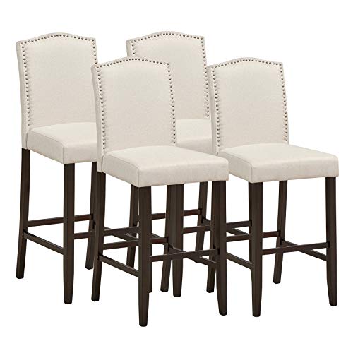 COSTWAY Bar Stool Set of 4, 29 Inch Upholstered Bar Stools with S-Shaped Spring Thick Cushion, Rubber Wood Legs, High Back Leisure Chairs for Living, Kitchen, Dining Room (4, Beige)