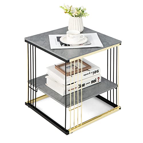 COSTWAY Faux Marble End Table, 2-Tier Modern Bedside Sofa Side Table with Golden & Black Metal Frame, Removable Storage Shelf, Versatile Rectangle Nightstand for Living Room, Bedroom, Hallway (1)