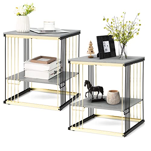 COSTWAY Faux Marble End Table Set of 2, 2-Tier Modern Bedside Sofa Side Table with Golden & Black Metal Frame, Removable Storage Shelf, Versatile Rectangle Nightstand for Living Room, Bedroom, Hallway