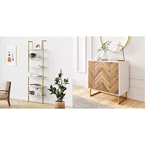 Nathan James Theo 6-Shelf Tall Modern Bookshelf, White/Gold Brass & Enloe Modern Storage, Free Standing Accent Cabinet with Doors in a Rustic Fir Wood Finish Powder-Coated Metal Base, White/Gold