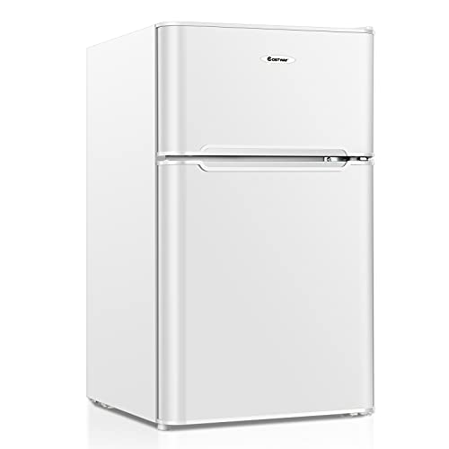 COSTWAY Compact Refrigerator, 2 Reversible Door 3.3 CU.FT. Mini Fridge and Freezer Compartment with Adjustable Thermostat & Removable Glass Shelves for Dorm Apartment Office (White)