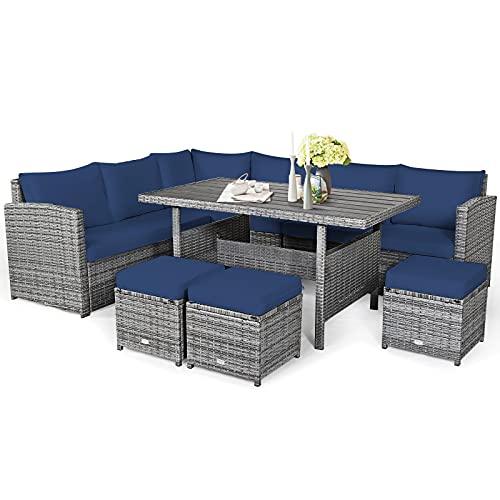 COSTWAY 7 PCS Patio Rattan Dining Set Sectional Sofa Couch Ottoman Navy