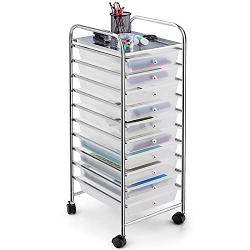 COSTWAY 10-Drawer Rolling Storage Cart, Utility Mobile Trolley with Removable Drawers & Universal Casters & 2 Brakes, Versatile Flexible Drawer Organizer Cart for Home, Office (Clear)