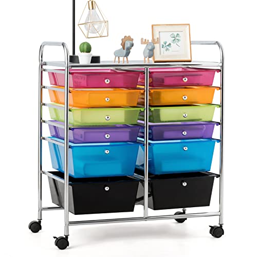 COSTWAY 12-Drawer Rolling Storage Cart, Moveable Art Craft Organizer W/Lockable Wheels, Metal Shelf, Files Arrangement Tools Makeup Storage Cart for Office, Home, School (Rainbow)