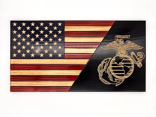 USMC Wooden Flag - Eagle Globe Anchor (Licensed) - Marine Corps, Patriotic Charred American Flag (Large)