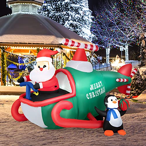 COSTWAY 6.2 FT Christmas Inflatable Santa Claus Driving Helicopter &Penguin Holding Gift