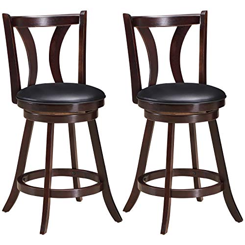 COSTWAY Bar Stools Set of 2, 360-Degree Swivel Stools with Leather Padded Seat, Single Slat Back & Solid Rubber Wood Legs, Counter Height Stools for Pub, Restaurant, Kitchen, Brown (4)