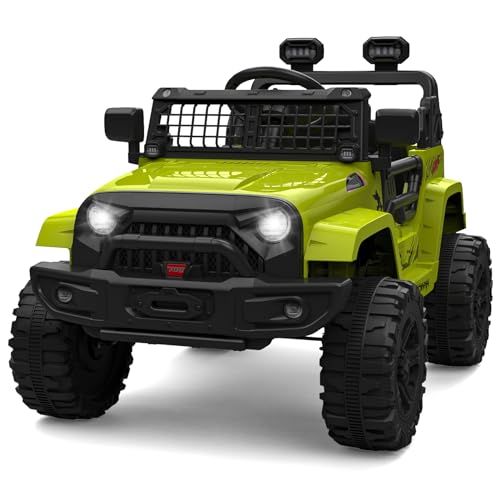 Ride on Truck Car 12V Kids Electric Vehicles with Remote Control Spring Suspension, LED Lights, Bluetooth, 2 Speeds (Green)