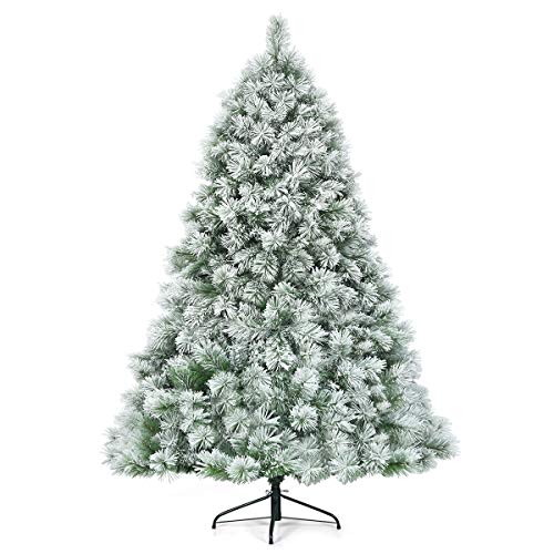 COSTWAY 7 ft Premium Hinged Artificial Christmas Tree Snowy Pine Needles w/ 772 Branches