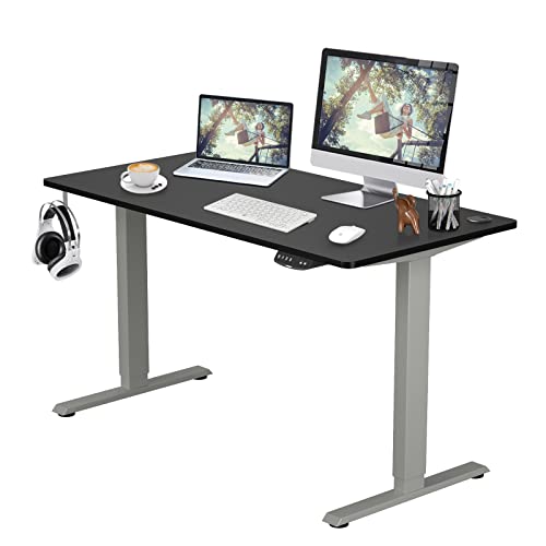 COSTWAY Dual Motor Electric Stand Up Desk, Height Adjustable Standing Desk w/Solid One-Piece Desktop & Memory Controller, Home Office Sit-to-Stand Computer Workstation (Gray + Black, 48''X24'')