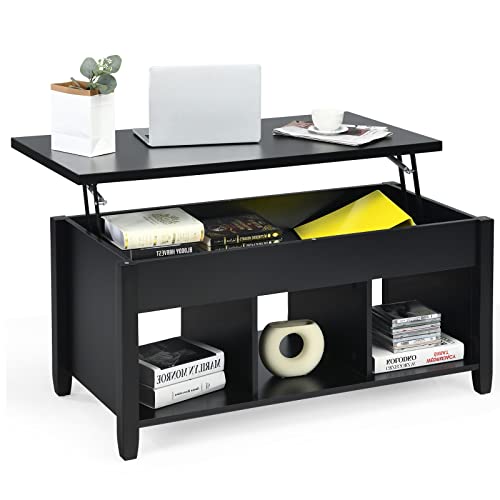 COSTWAY Lift Top Coffee Table, with Hidden Storage Compartment & 3 Open Shelves, Rectangular Cocktail Tea Table with Solid Wood Legs for Living Room Reception Room (Black)