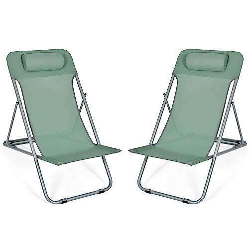 COSTWAYPatiojoy Set of 2 Beach Chair Portable 3-Position Lounge Chair w/Headrest Green